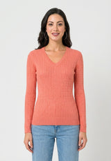 Cable Knit V-Neck Long Sleeve Pullover - Red