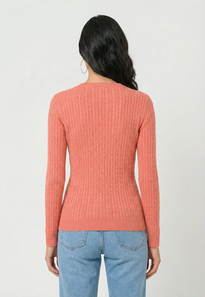 Cable Knit V-Neck Long Sleeve Pullover - Red