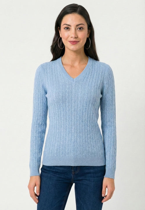 Cable Knit V-Neck Long Sleeve Pullover - Blue