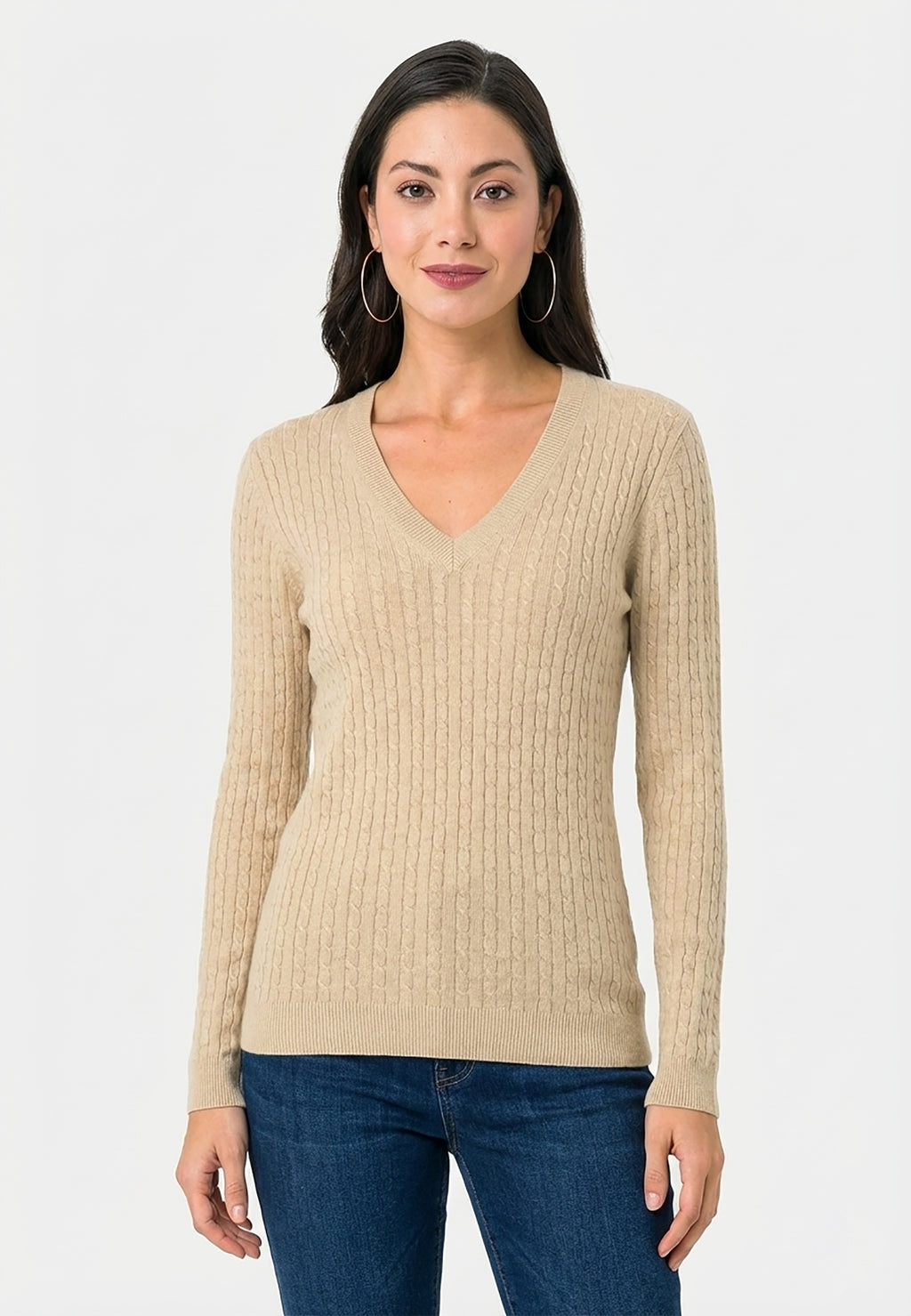 Cable Knit V-Neck Long Sleeve Pullover