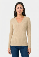 Cable Knit V-Neck Long Sleeve Pullover - Beige