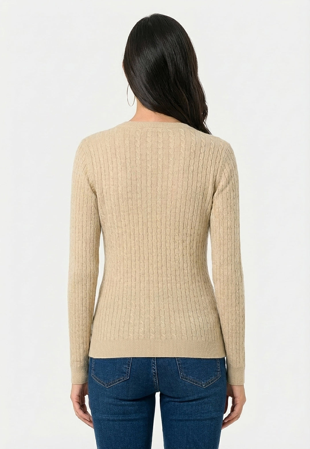 Cable Knit V-Neck Long Sleeve Pullover - Beige