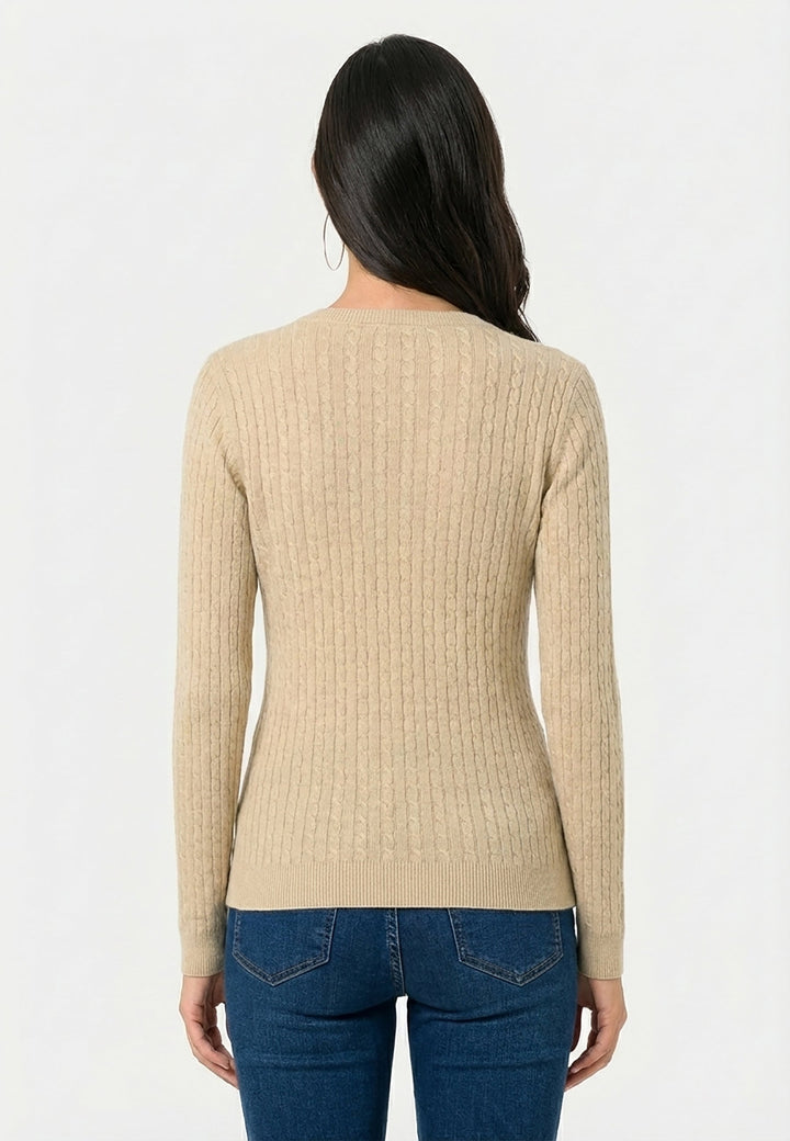 Cable Knit V-Neck Long Sleeve Pullover - Beige