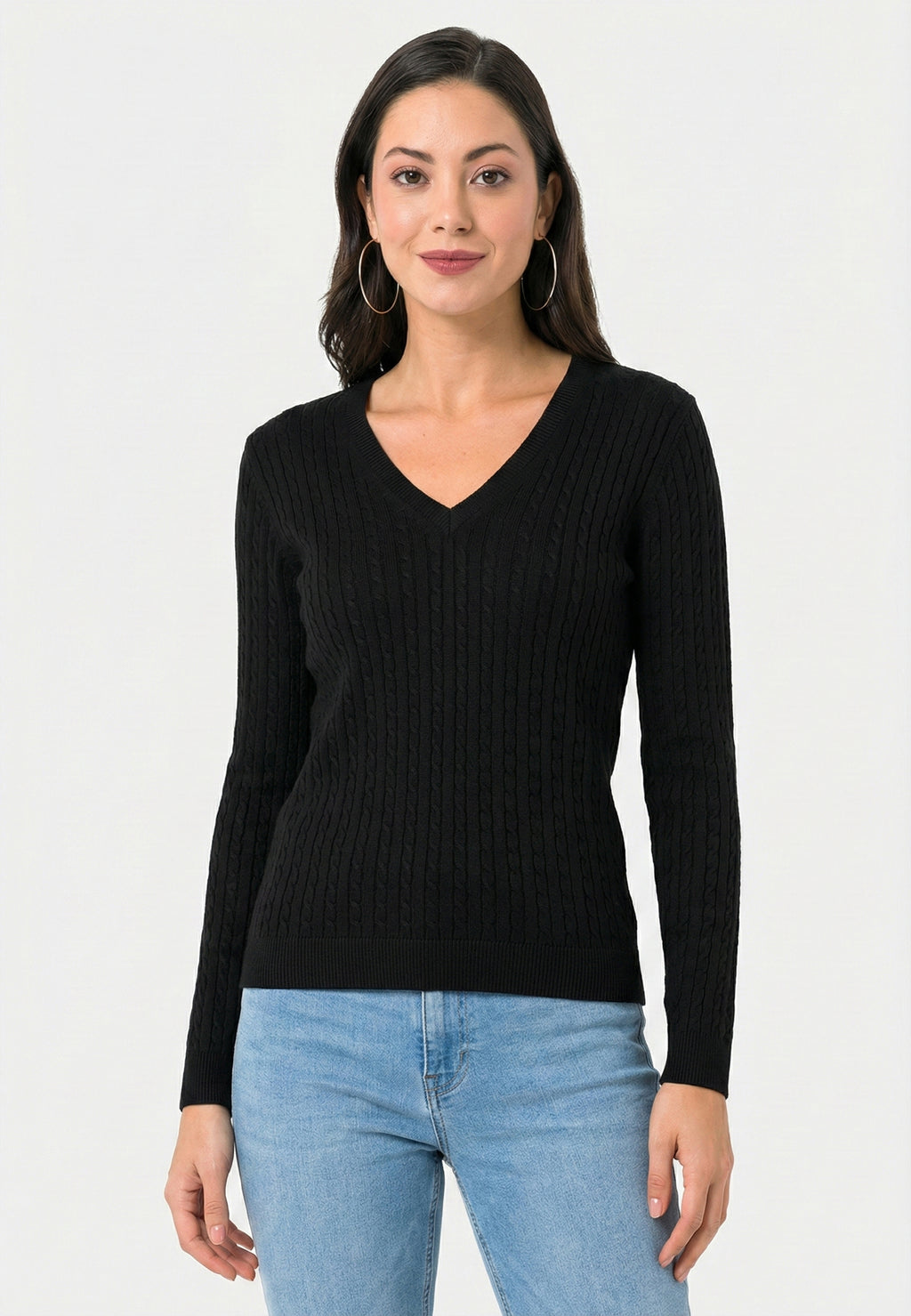 Cable Knit V-Neck Long Sleeve Pullover