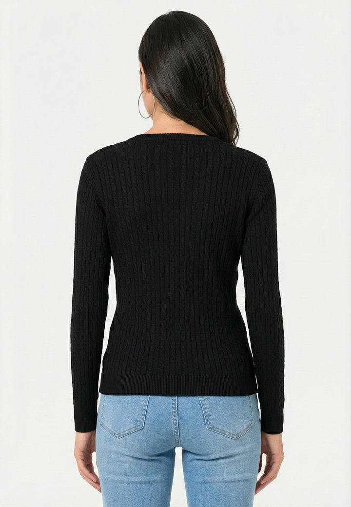 Cable Knit V-Neck Long Sleeve Pullover - Black