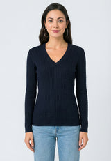 Kabelgebreide trui met V-hals en lange mouwen – donkerblauw