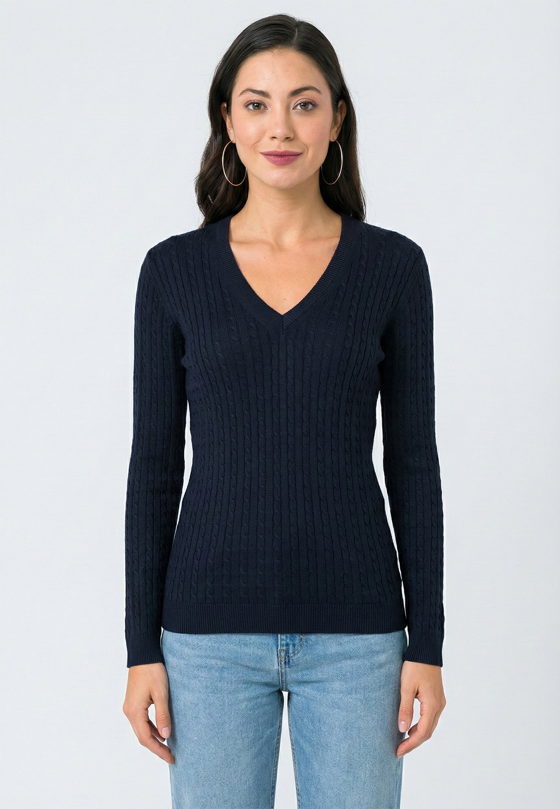 Cable Knit V-Neck Long Sleeve Pullover