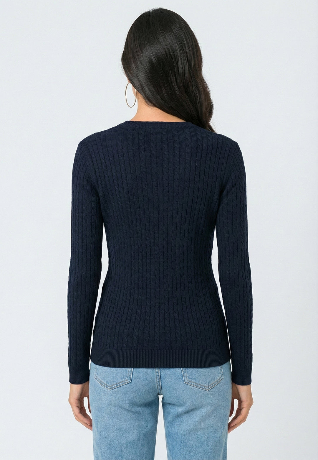 Cable Knit V-Neck Long Sleeve Pullover - Dark blue