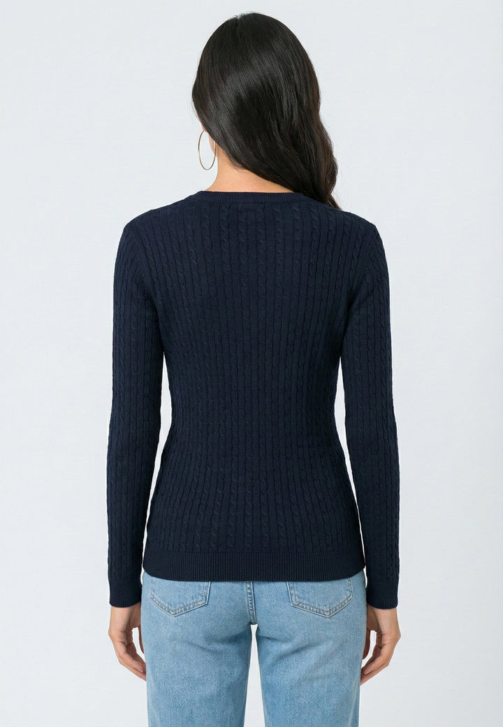 Cable Knit V-Neck Long Sleeve Pullover - Dark blue