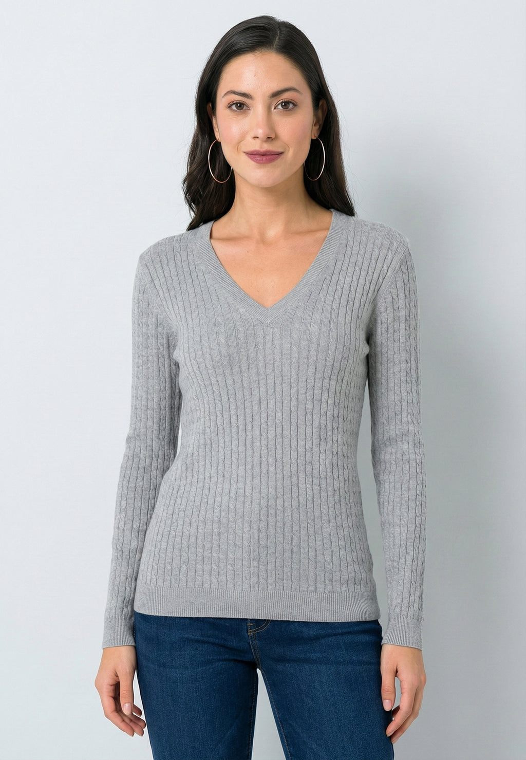 Cable Knit V-Neck Long Sleeve Pullover