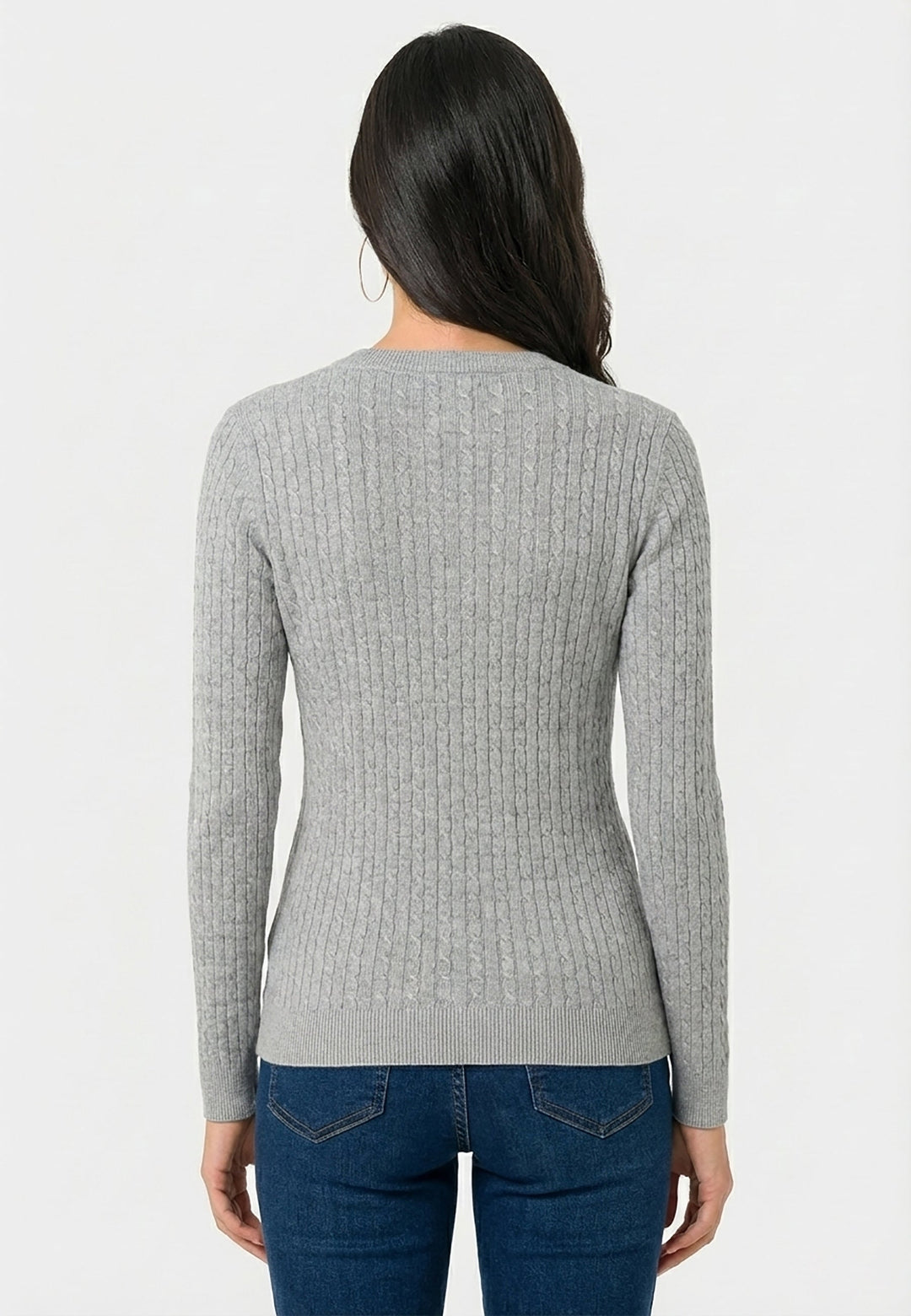 Cable Knit V-Neck Long Sleeve Pullover - Grey