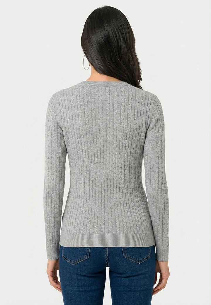 Cable Knit V-Neck Long Sleeve Pullover - Grey