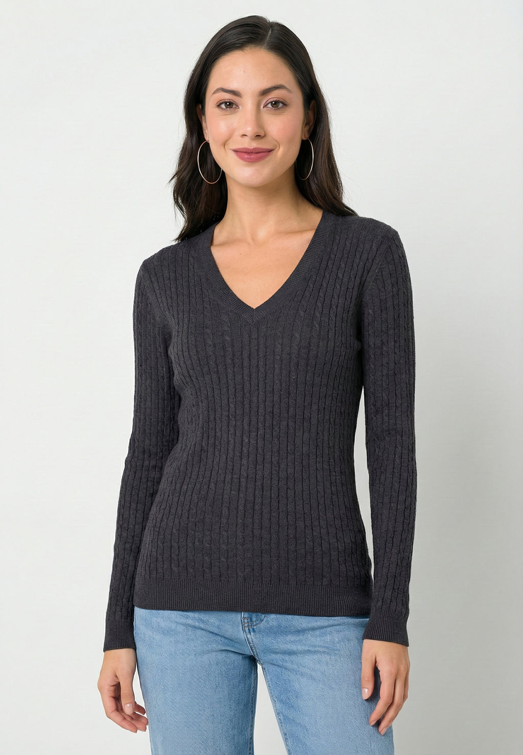 Cable Knit V-Neck Long Sleeve Pullover