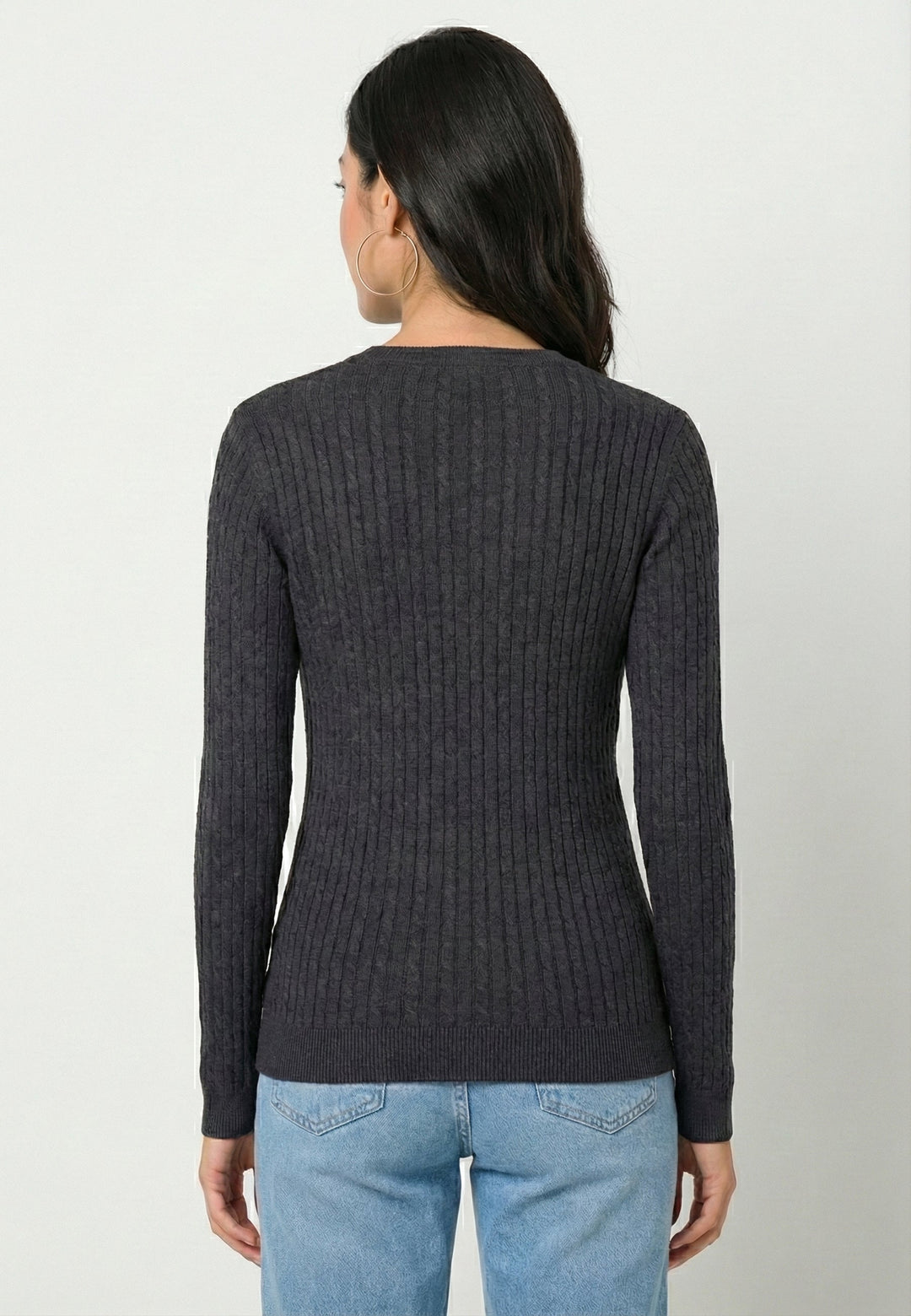 Cable Knit V-Neck Long Sleeve Pullover - Anthracite