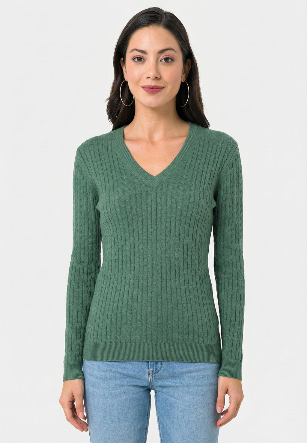 Cable Knit V-Neck Long Sleeve Pullover