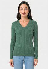 Cable Knit V-Neck Long Sleeve Pullover - Green