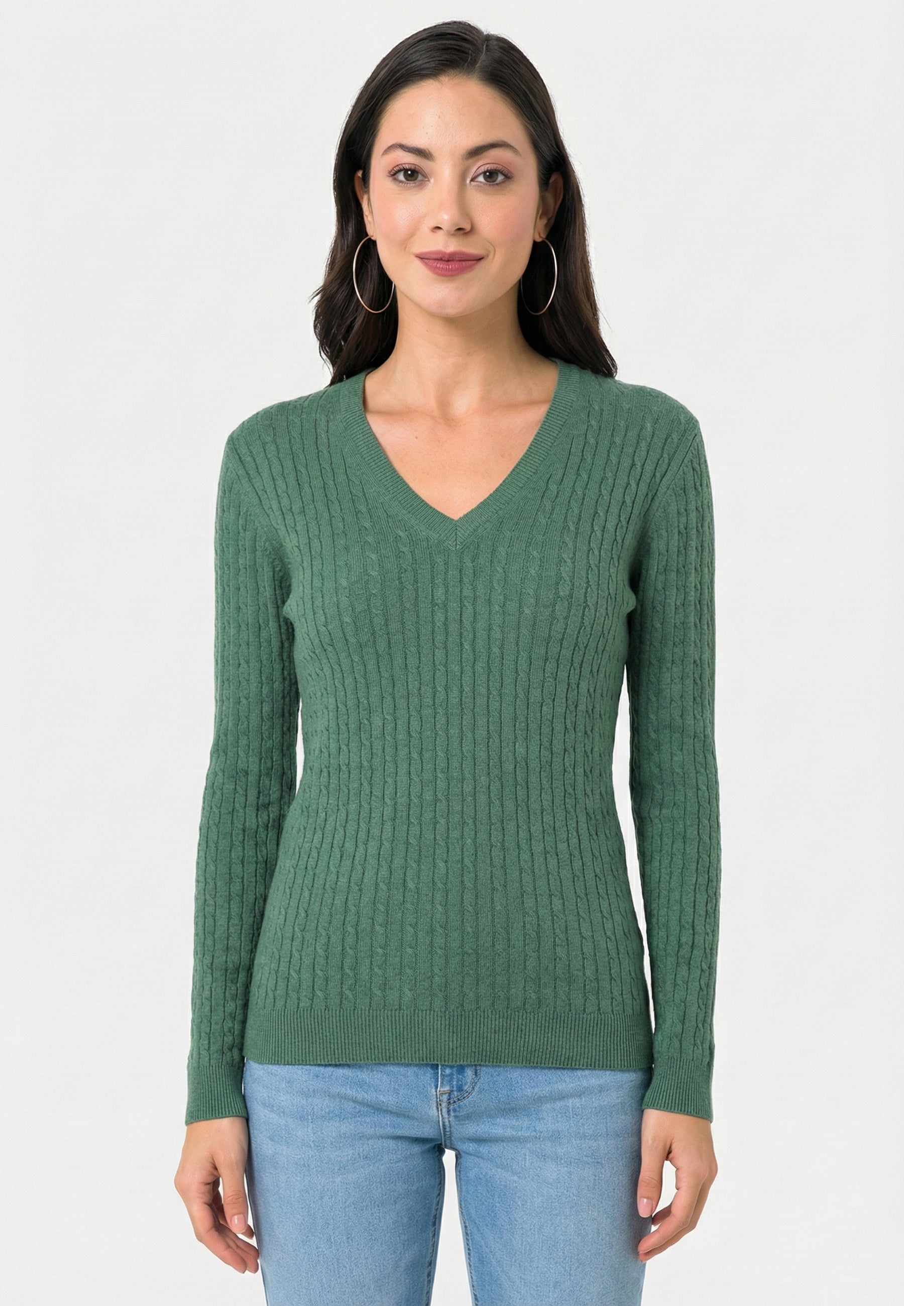 Cable Knit V-Neck Long Sleeve Pullover