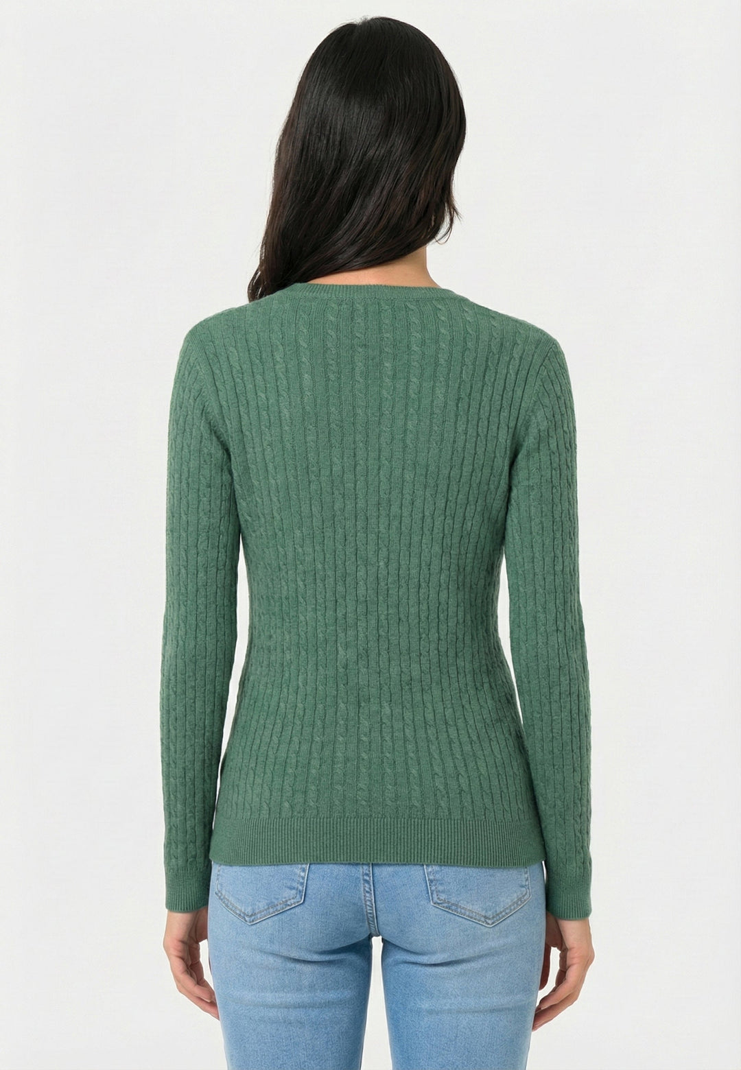 Cable Knit V-Neck Long Sleeve Pullover - Green