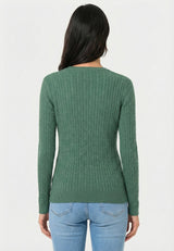 Cable Knit V-Neck Long Sleeve Pullover - Green