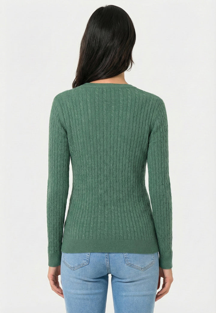 Cable Knit V-Neck Long Sleeve Pullover - Green
