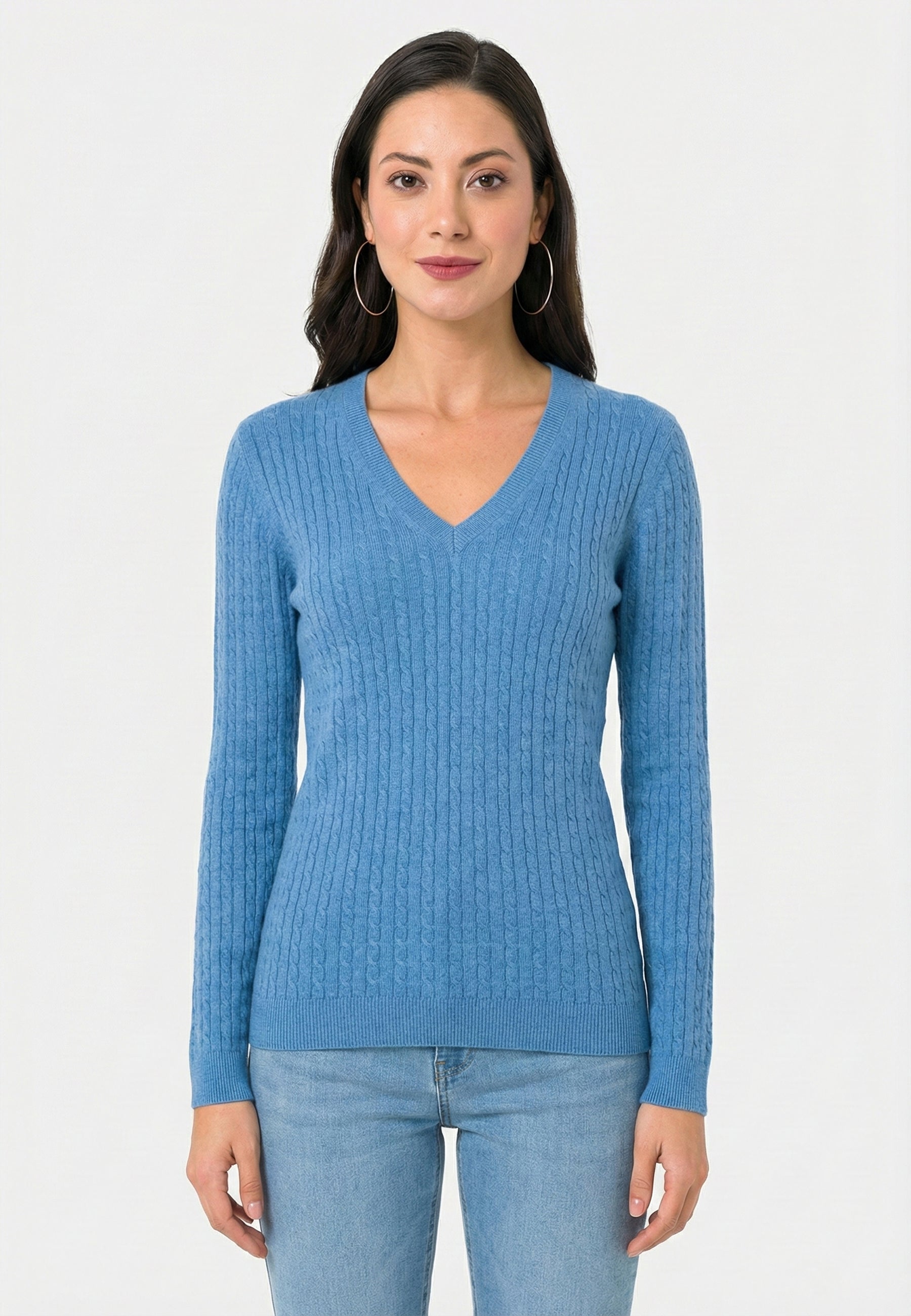 Cable Knit V-Neck Long Sleeve Pullover