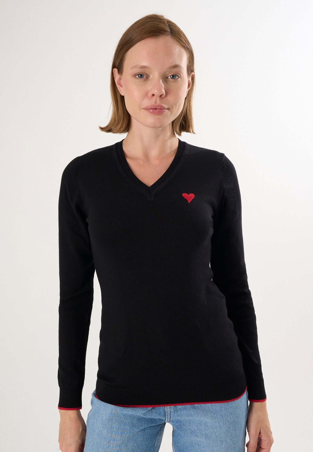 Knitted V-Neck Long Sleeve Pullover with Love embroidery