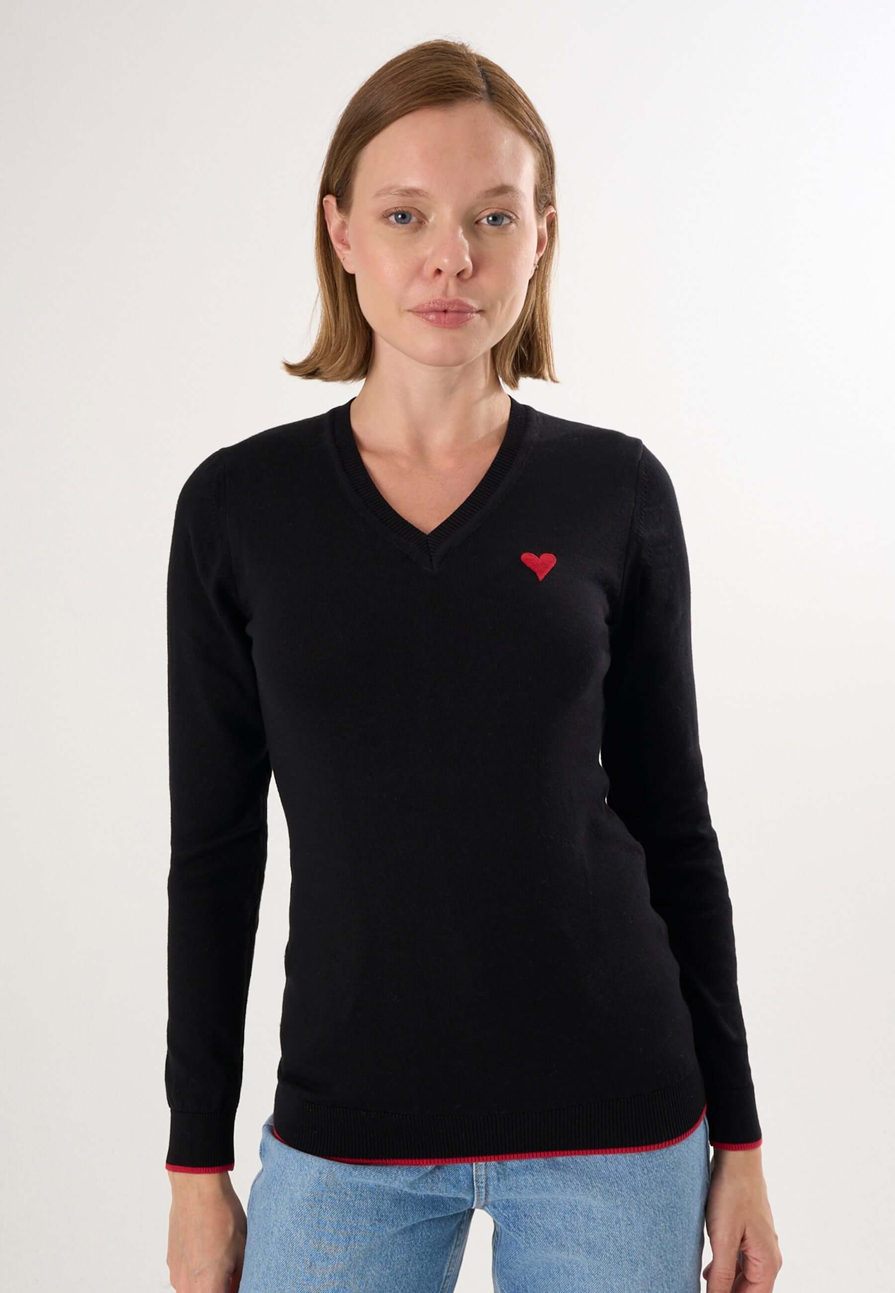 Knitted V-Neck Long Sleeve Pullover with Love embroidery