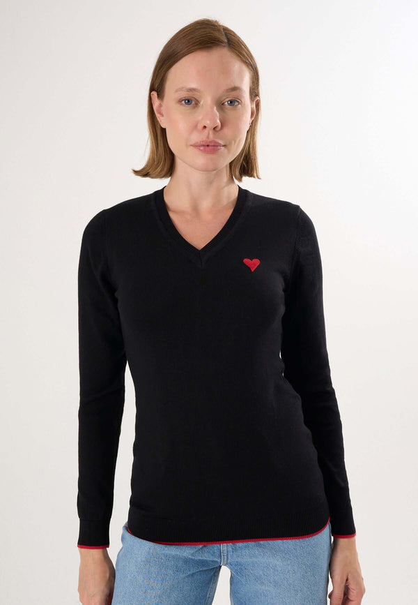 Knitted V-Neck Long Sleeve Pullover with Love embroidery