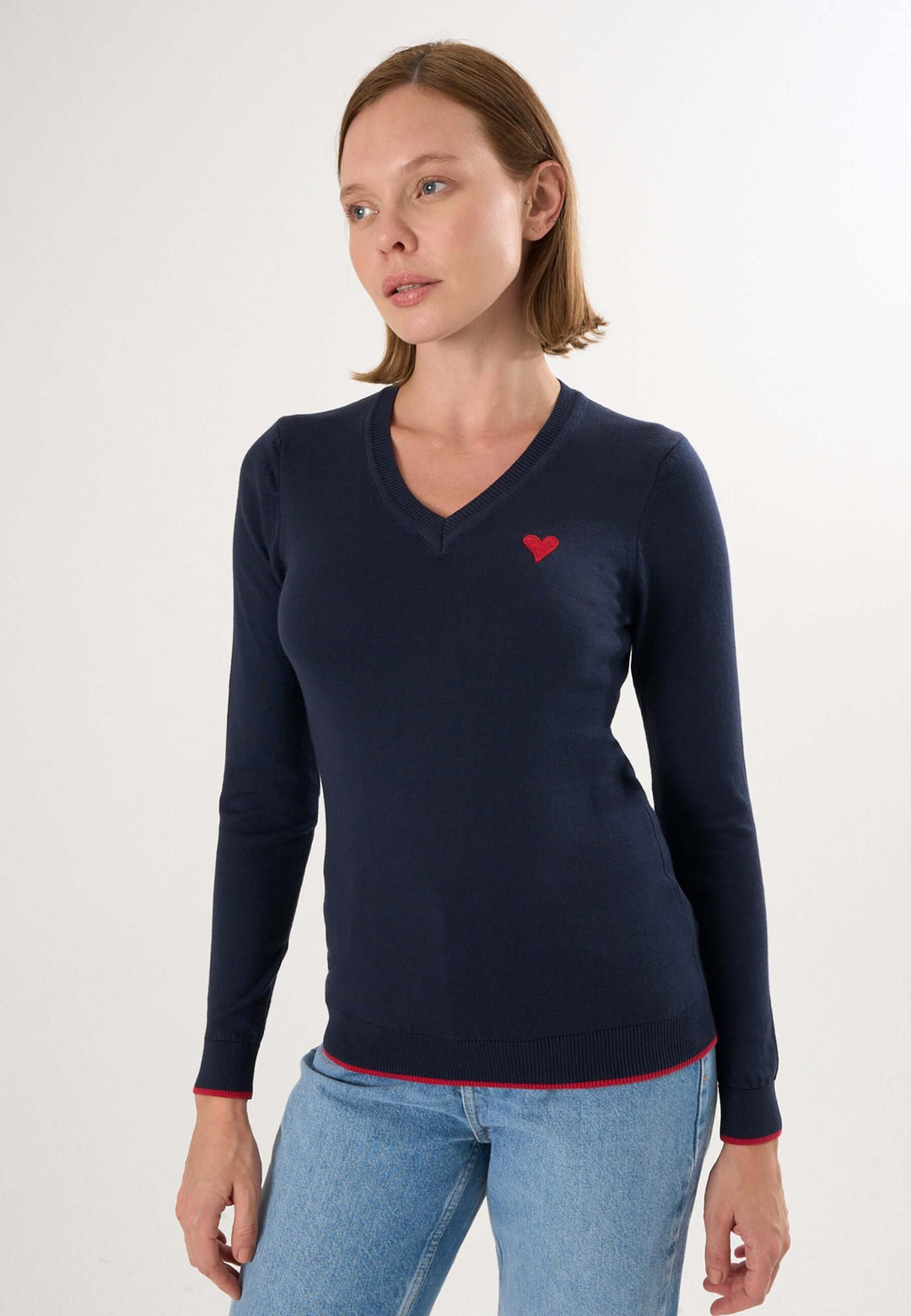 Knitted V-Neck Long Sleeve Pullover with Love embroidery