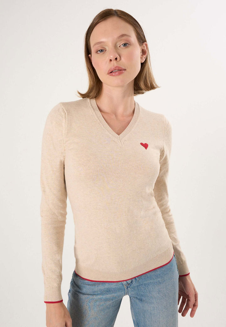 Knitted V-Neck Long Sleeve Pullover with Love embroidery