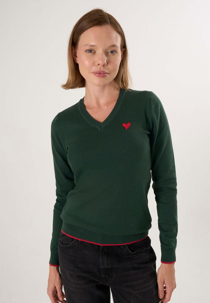 Knitted V-Neck Long Sleeve Pullover with Love embroidery