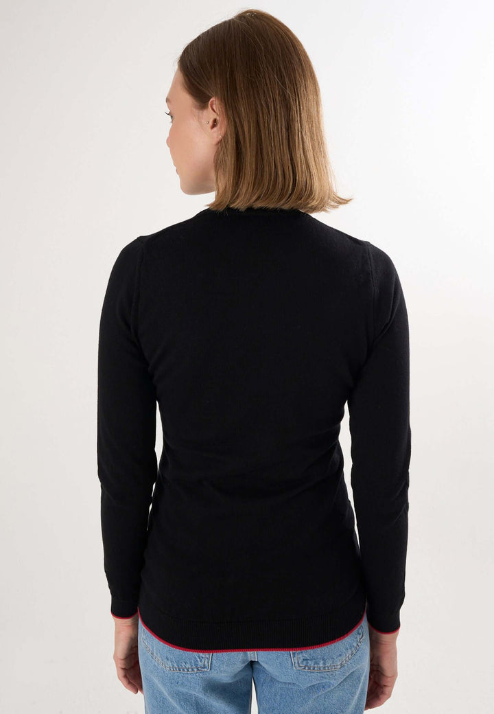 Knitted Crew Neck Long Sleeve Pullover with Love embroidery - Black