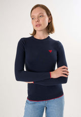 Knitted Crew Neck Long Sleeve Pullover with Love embroidery - Dark blue