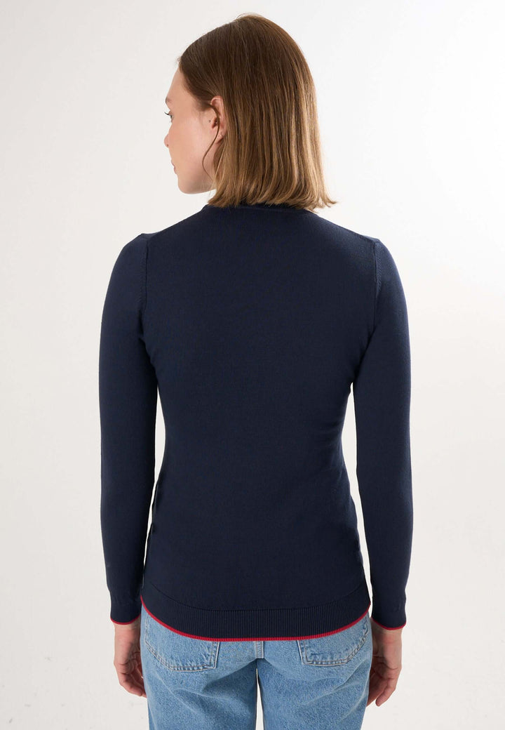 Knitted Crew Neck Long Sleeve Pullover with Love embroidery - Dark blue