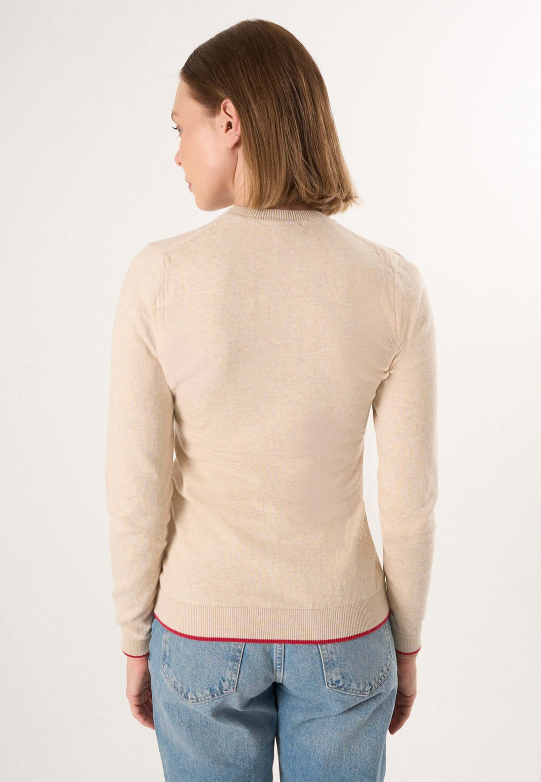 Knitted Crew Neck Long Sleeve Pullover with Love embroidery - Beige