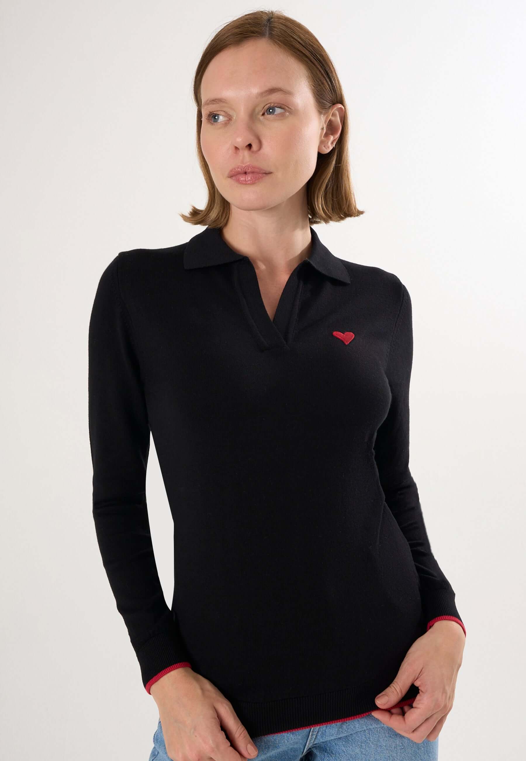 Knitted Long Sleeve Polo Pullover with Love embroidery