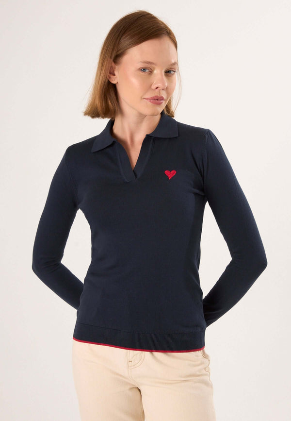 Knitted Long Sleeve Polo Pullover with Love embroidery