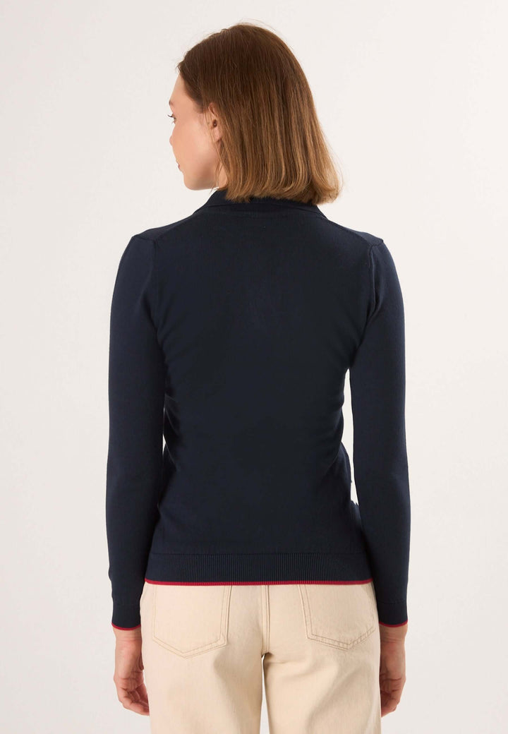 Knitted Long Sleeve Polo Pullover with Love embroidery - Dark blue
