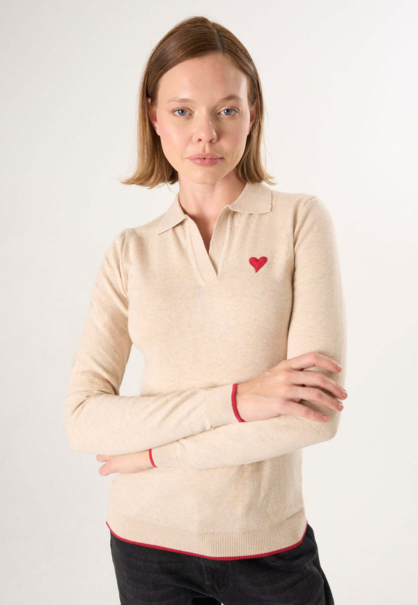 Knitted Long Sleeve Polo Pullover with Love embroidery