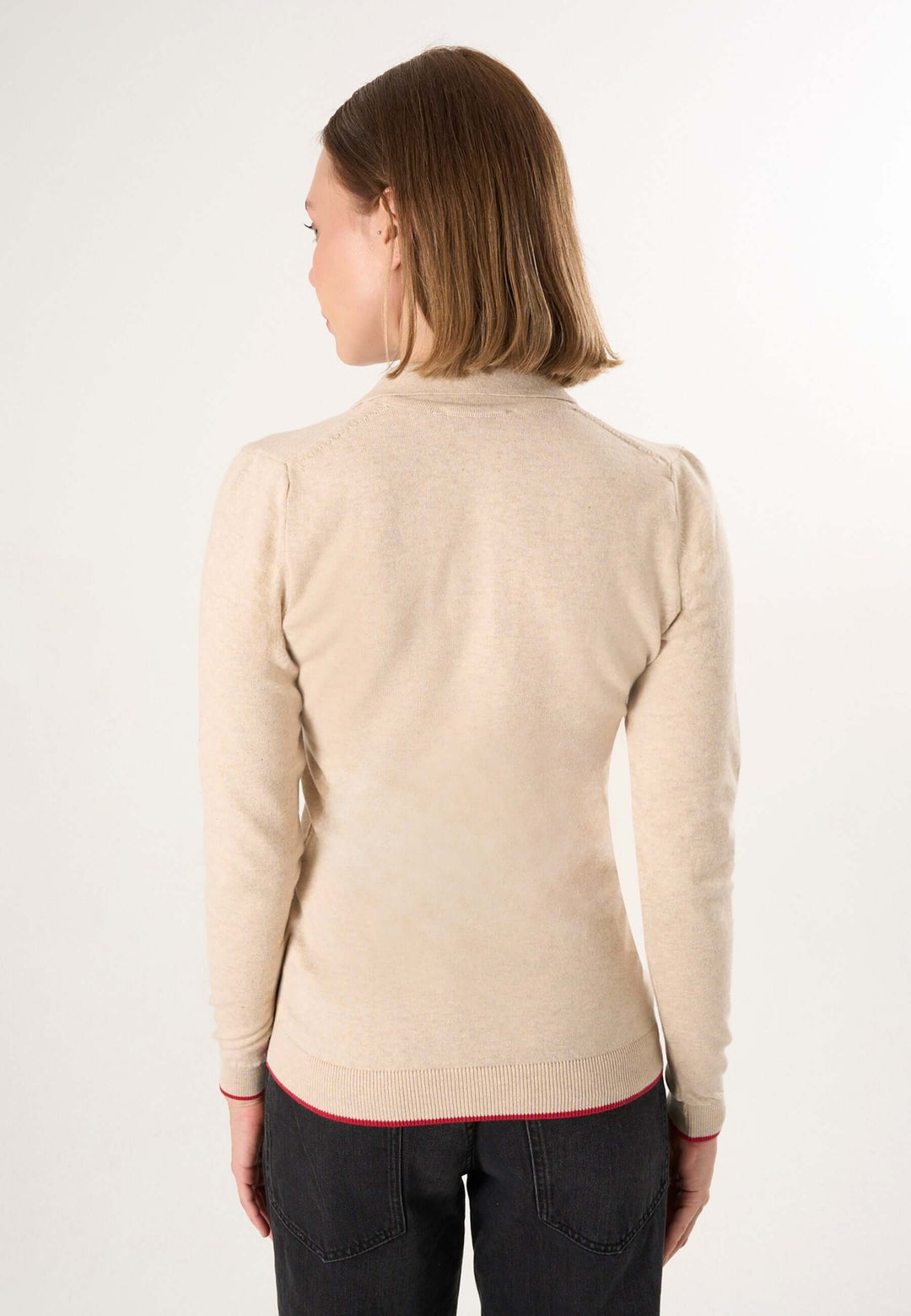 Knitted Long Sleeve Polo Pullover with Love embroidery - Beige