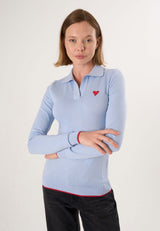 Knitted Long Sleeve Polo Pullover with Love embroidery - Blue
