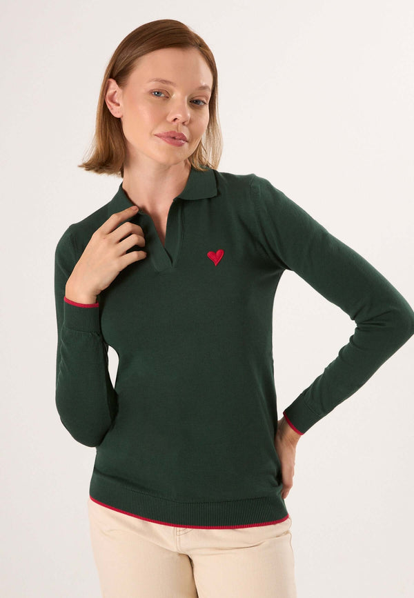 Knitted Long Sleeve Polo Pullover with Love embroidery