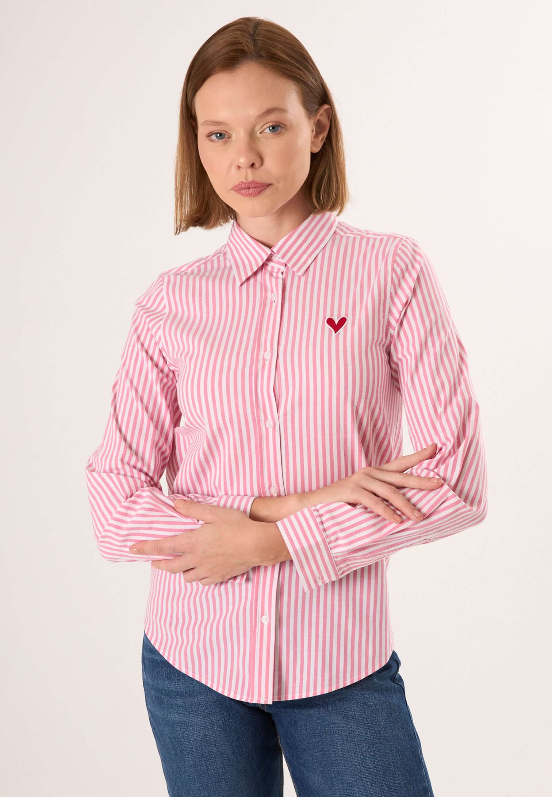 Striped Long Sleeve Shirt with Love embroidery