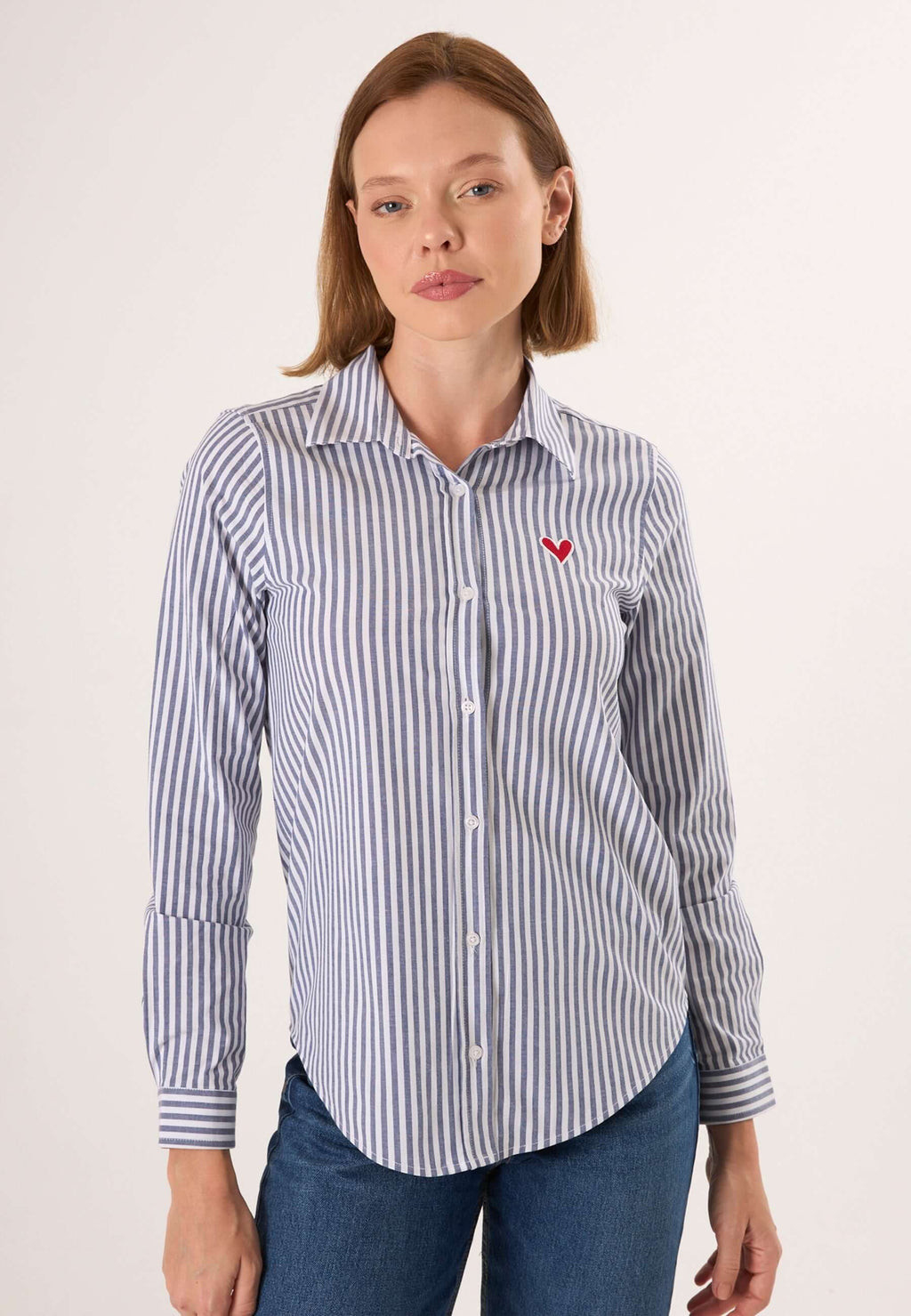 Striped Long Sleeve Shirt with Love embroidery