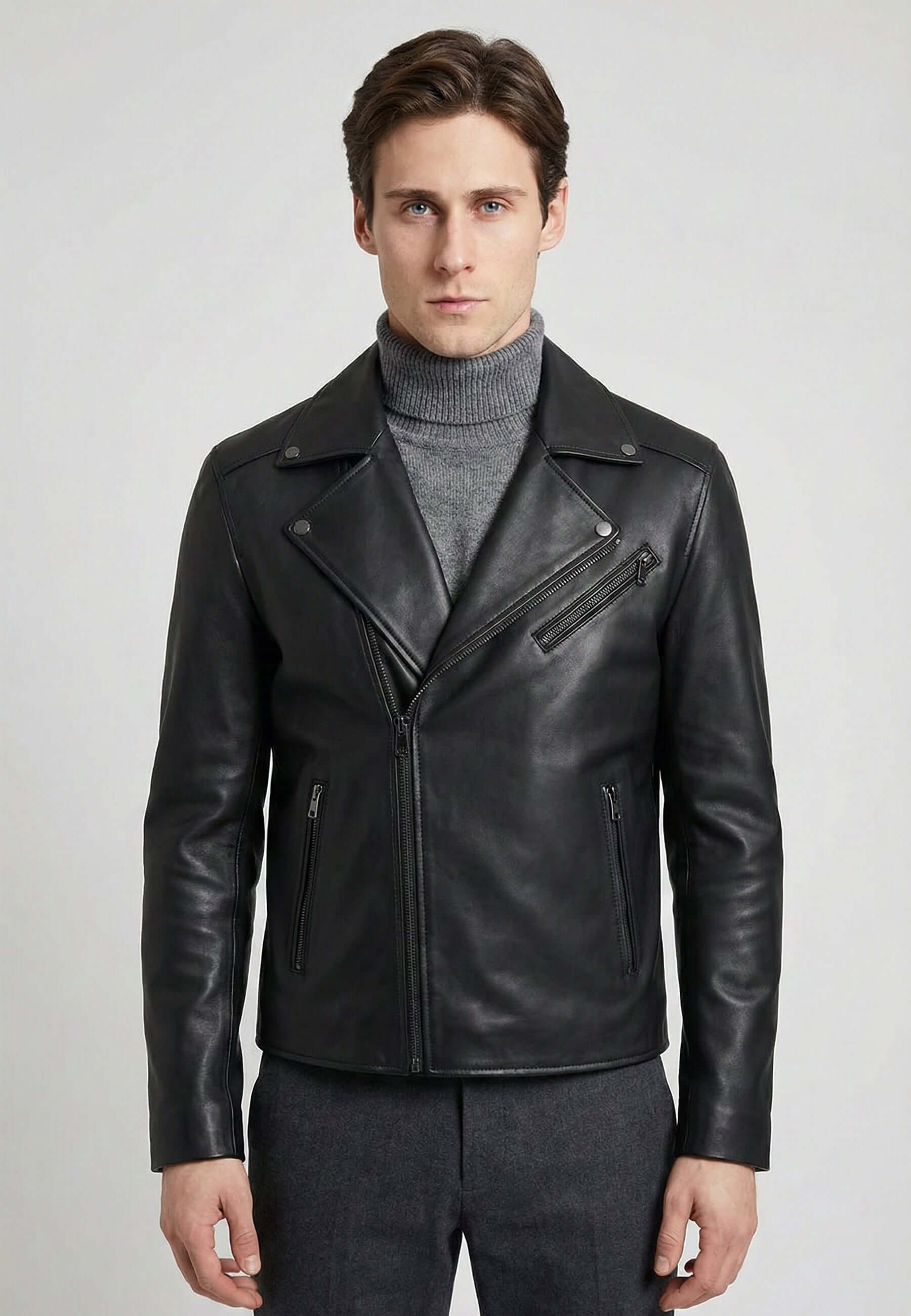 Full-Zipper Leather Jacket Biker